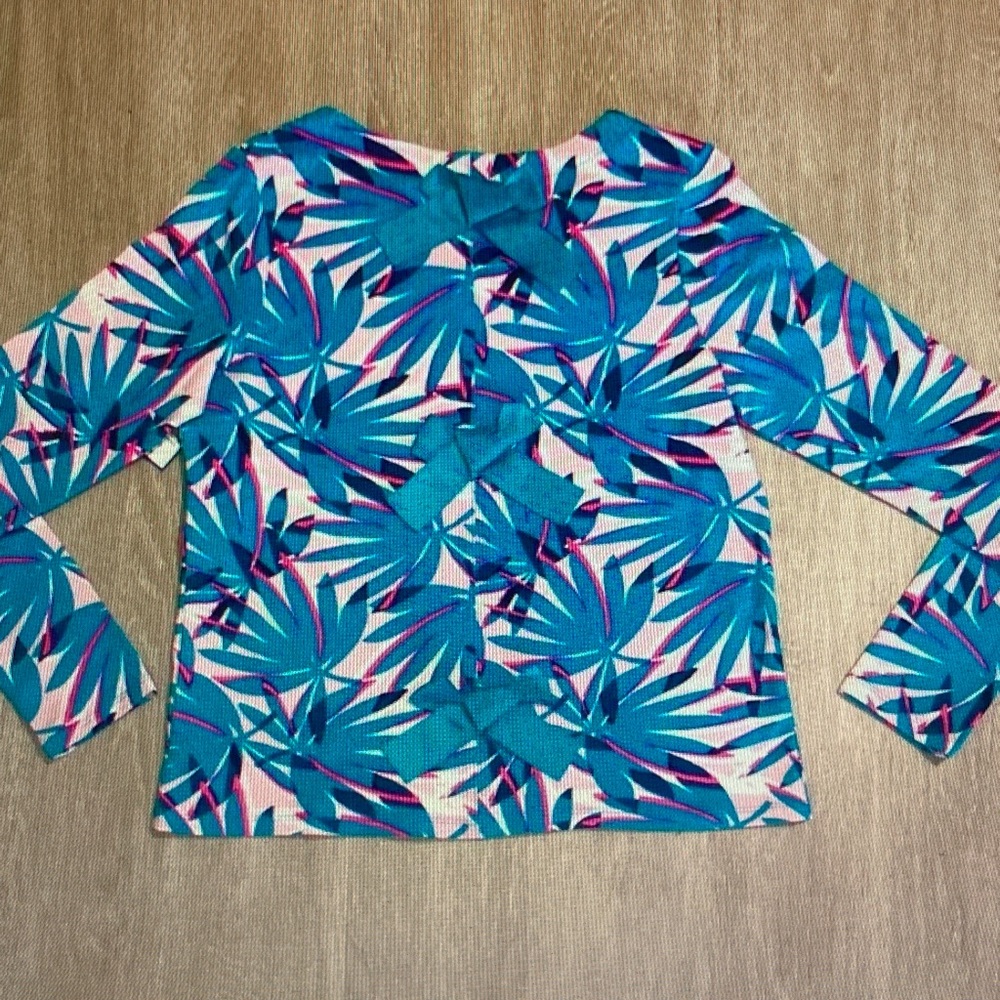 crown & ivy Blue Tropical-Print Long Sleeve Top with Bow-Back